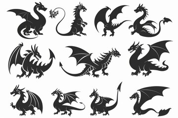 Dragons icon silhouette, dino, wyvern symbols, dinosaurs isolated, mythical monster, minimal flat tattoo