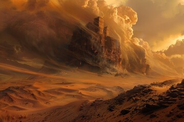 A fierce sandstorm sweeps across the desert, engulfing the landscape in swirling clouds of dust and sand, reducing visibility and creating an eerie atmosphere of natural power.