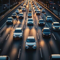 Aerial View of Rush Hour Traffic on City Highway at Sunset