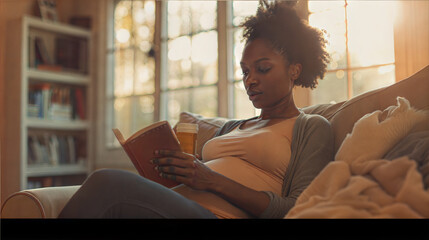 Pregnant African American woman reading book on the couch with prenatal vitamins and cozy ambiance