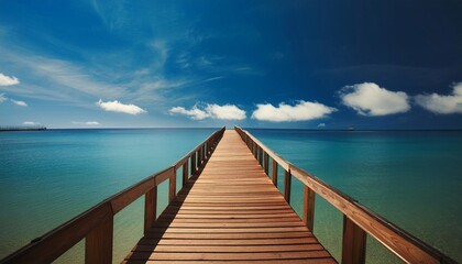 Obraz premium Peaceful beach scene with a wooden pier extending towards calm turquoise ocean waters under a clear blue sky.