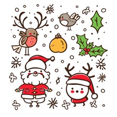 A happy holidays design featuring holly, a robin, Santa, and reindeer, full of festive cheer