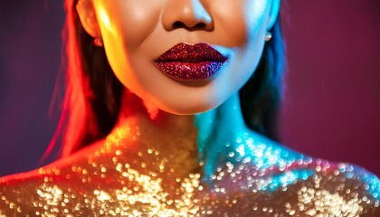 closeup trio portrait, mode showcase sensual tenderness with glitter makeup and vibrant cosmetics.