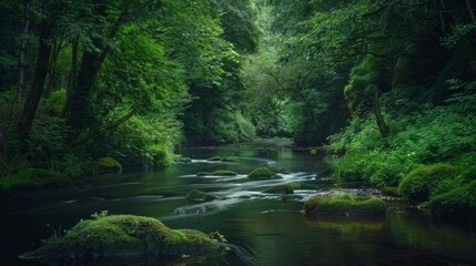 Serene forest river with calm water and lush green trees. Peaceful nature scene perfect for relaxation and tranquility.