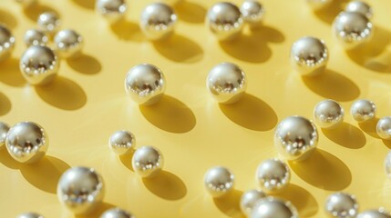 Fototapeta premium Trendy concept Silver bakery beads in sunlight geometric sugar pearls on light yellow