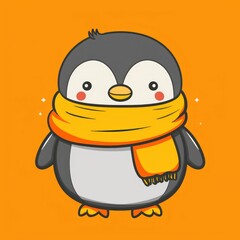 Obraz premium A kawaii penguin in a scarf, a cute cartoon character with a funny and endearing outline illustration