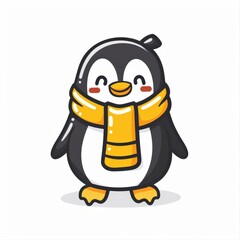 A kawaii penguin in a scarf, a cute cartoon character with a funny and endearing outline illustration