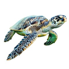 Obraz premium Underwater Isolated. Sea Turtle on White Background - Marine Reptile in Ocean