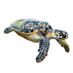 Fototapeta premium Underwater Isolated. Turtle in Ocean - White Background, Sea Turtle Marine Life