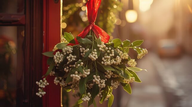 A cluster of mistletoe hanging from a doorway, promising sweet moments beneath its boughs