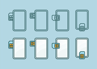 Various sim card insert position representative minimalist flat illustration with outline