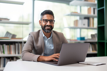 Smiling Man With Glasses Working On Laptop In A Bright Modern Office With Bookshelves In The Background
