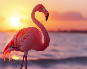 Naklejka premium Majestic Pink Flamingo Silhouette at Sunset on Tropical Beach Photograph