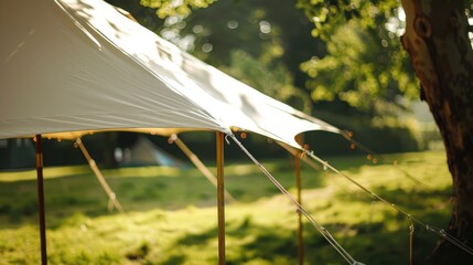 Under a classic pole tent with its canvas on a sunny day