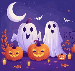 Fototapeta premium illustration of cartoon cute pumpkins, moon and ghost on purple background for Halloween festival design.