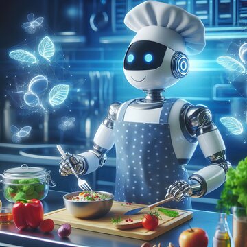 robot chef cooks in the kitchen
