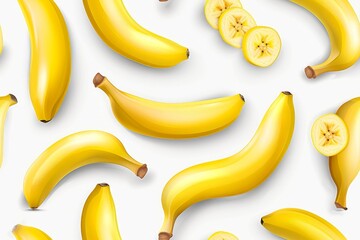 Pattern of whole and sliced yellow bananas, showcasing tropical fruit and healthy nutrition, arranged in a visually appealing, fresh, and organic display