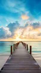 Fototapeta premium Serene view of a wooden pier extending into the ocean under a dramatic sunset sky with fluffy clouds, capturing tranquility and natural beauty.