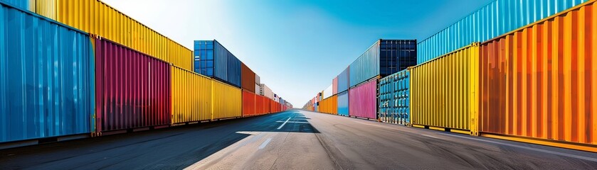 Colorful shipping containers arranged in a line under a clear blue sky, representing global trade and transportation logistics.