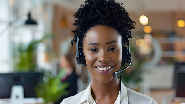 Professional customer service rep with headset in modern office