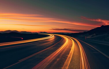 Naklejka premium Long exposure of moving cars at high speed on a highway at sunset