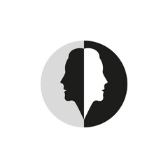 Logo with profiles and silhouette of two women face to face together. Black and white silhouettes of two women as one opposite. Vector illustration.