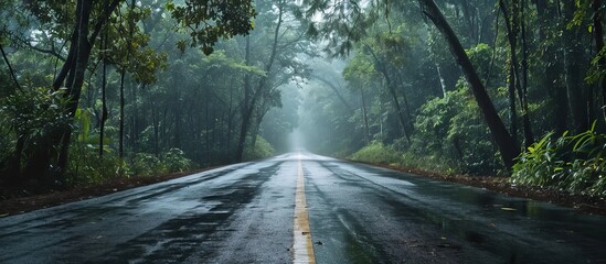 Fototapeta premium Road in the rainforest with fog and mist, nature background.