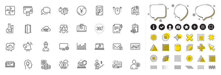 Set of Web system, Puzzle and Search employee line icons for web app. Design elements, Social media icons. Yen money, Open door, Chemistry lab icons. Vector