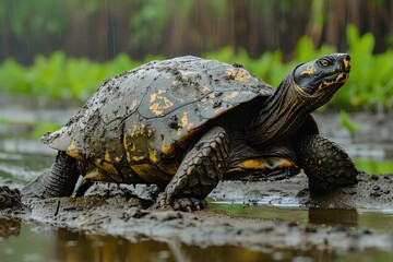 Fototapeta premium A Yangtze giant softshell turtle emerging from a muddy riverbank, its large, flat shell and elongated neck seen clearly in the afternoon light. 