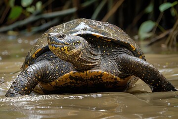 Fototapeta premium A Yangtze giant softshell turtle emerging from a muddy riverbank, its large, flat shell and elongated neck seen clearly in the afternoon light. 