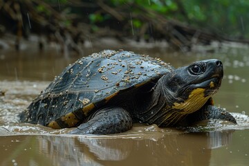 Fototapeta premium A Yangtze giant softshell turtle emerging from a muddy riverbank, its large, flat shell and elongated neck seen clearly in the afternoon light. 