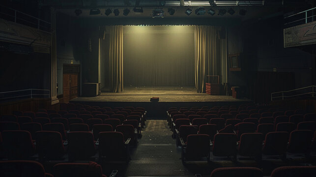 Empty theater with dim lighting and a stage with closed curtains. Rows of red seats in a dark auditorium create a dramatic and mysterious atmosphere.