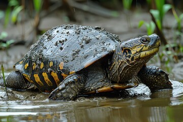 Fototapeta premium A Yangtze giant softshell turtle emerging from a muddy riverbank, its large, flat shell and elongated neck seen clearly in the afternoon light. 
