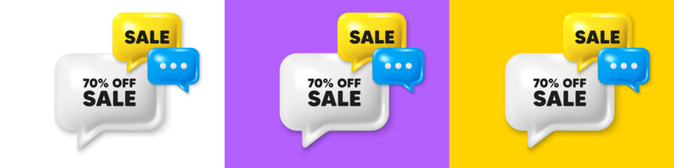 Chat speech bubble 3d icons. Sale 70 percent off discount. Promotion price offer sign. Retail badge symbol. Sale chat text box. Speech bubble banner. Offer box balloon. Vector