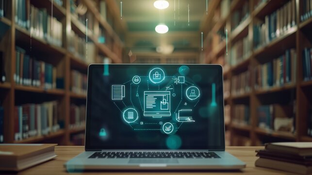 Digital education concept  laptop with floating books and educational icons for online learning