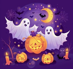 illustration of cartoon cute pumpkins, moon and ghost on purple background for Halloween festival design.