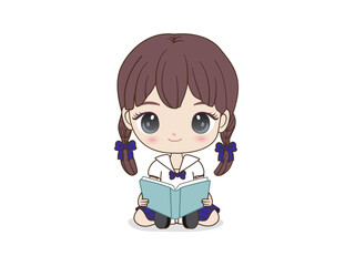 Vector cartoon style cute girl holding a book, reading on a white background, clearly isolated as a teaching aid for educational presentations.