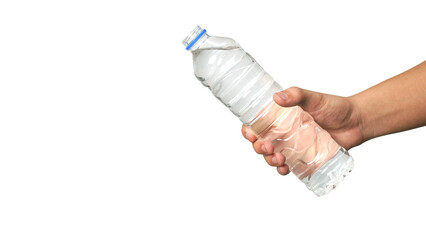 Hands holding crumpled plastic bottle hand squeeze bottle water plastic recycle reuse reduce waste...
