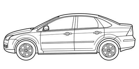 Classic city class sedan car. 4 door car on white background. Side view shot. Outline doodle vector illustration	
