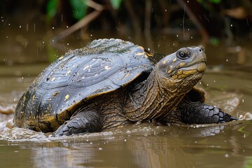 Fototapeta premium A Yangtze giant softshell turtle emerging from a muddy riverbank, its large, flat shell and elongated neck seen clearly in the afternoon light. 