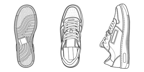 Set of hand drawn sneakers of retro vintage disign, gym shoes, top view. Image in different views - front, back, top, side, sole and 3d view. Doodle vector illustration.