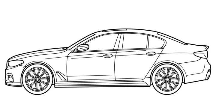 Ivano-Frankivsk, Ukraine - 1 July 2024: Outline drawing of a BMW G30 M Sport is the seventh generation of the BMW 5 Series executive cars from side view. Vector doodle illustration
