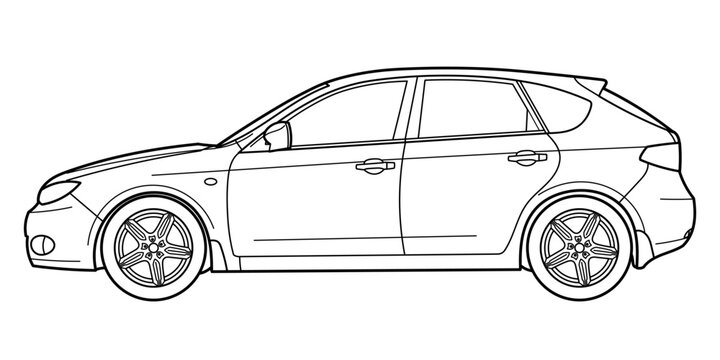 Ivano-Frankivsk, Ukraine - 28 June 2024: Outline drawing of a Subaru Impreza 3 generation hatchback car, from side view. Vector doodle illustration