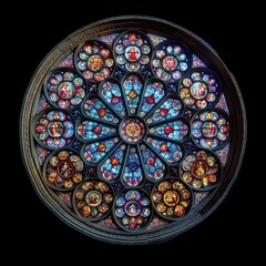 Circular stained glass window, front view, colorful rose window of cathedral, gothic style, isolated on black.