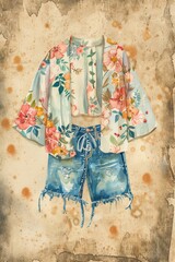 watercolor clipart of Floral kimono with denim shorts on parchment paper, vintage scrapbook page, copy space in center, for Junk Journal, Digital Paper, Printable Journaling page, Scrapbooking 