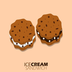 National Ice Cream Sandwich Day event food banner. Two ice cream sandwiches with vanilla and chocolate flavors on light brown background to celebrate on August 2nd