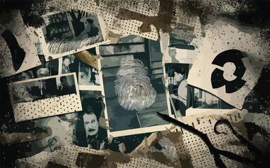 Grungy, retro collage of images revolving around detective investigation, filled with mystery and intrigue.