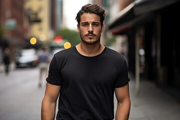 Obraz premium Male latin model in a classic black cotton t-shirt on a city street