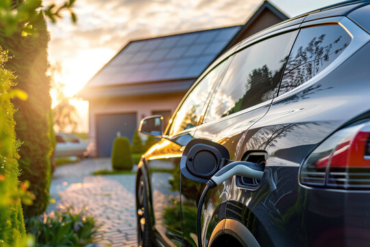 An electric car charging outside a modern home with solar panels, beautifully lit by the setting sun, highlighting eco-friendly living.