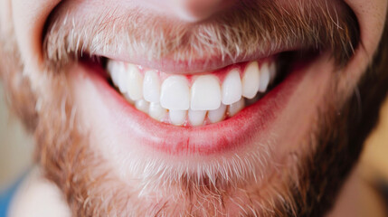 Obraz premium Closeup of mans smile with white teeth. Dental care, teeth whitening procedure at dentist.